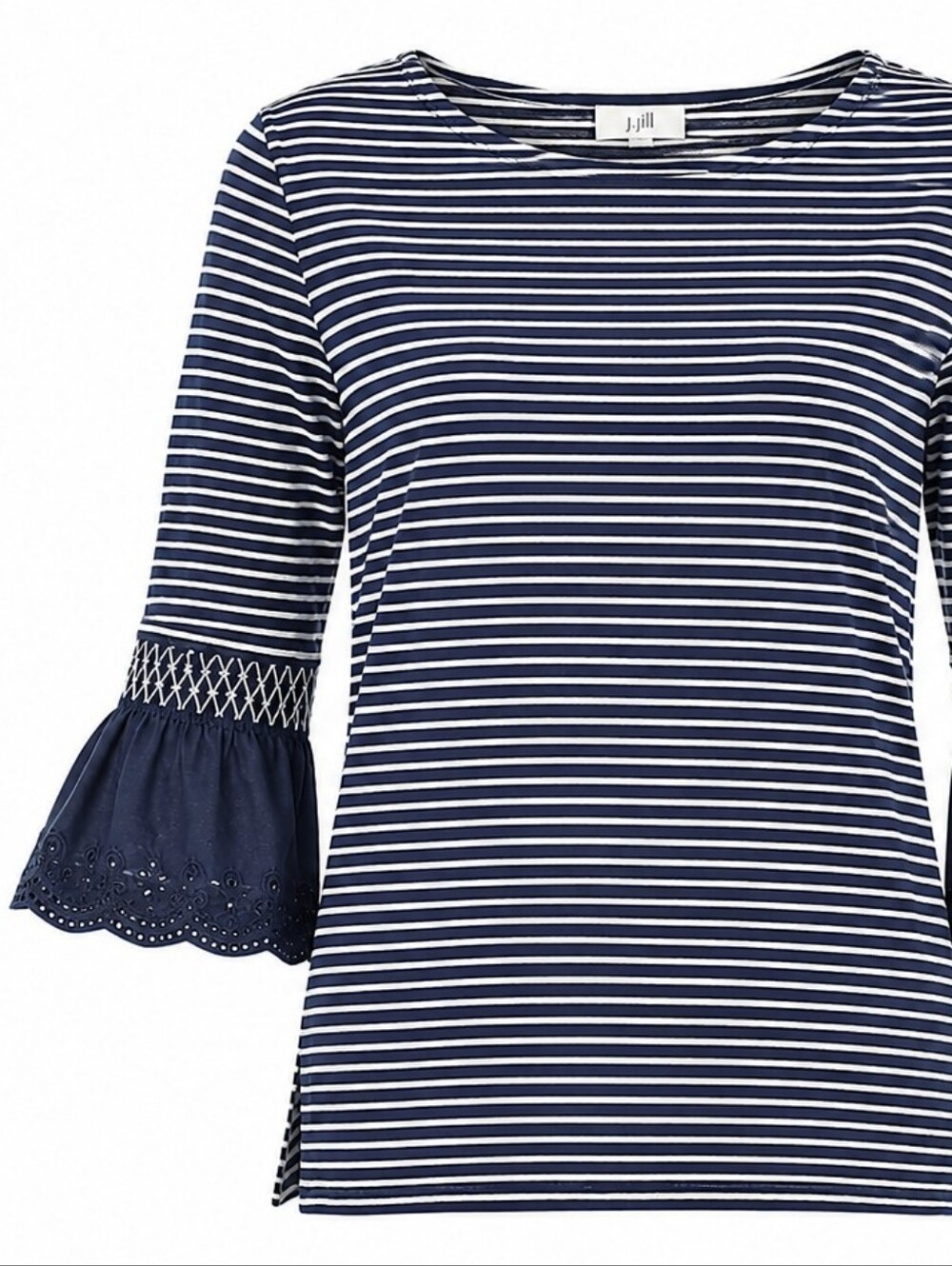J. JILL | Navy White Stripe Eyelet Bell Sleeve Coastal Tunic Top | L Petite